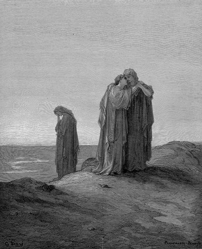 Ruth omhelst haar schoonmoeder Naomi en belooft bij haar te blijven nu ze rouwenden zijn, 1866 door Gustave Dore