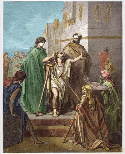 Sint Petrus en Sint Johannes genezen een lamme - gravure in 