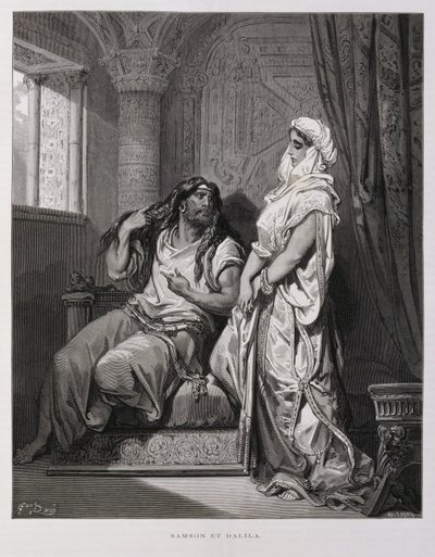Simson en Delila, Hoofdstuk 16, uit het Boek van Rechters, in het Oude Testament, Illustratie uit de Dore Bijbel door Gustave Dore