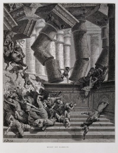 Simson vernietigt de tempel van Baäl, Illustratie uit de Dore Bijbel door Gustave Dore