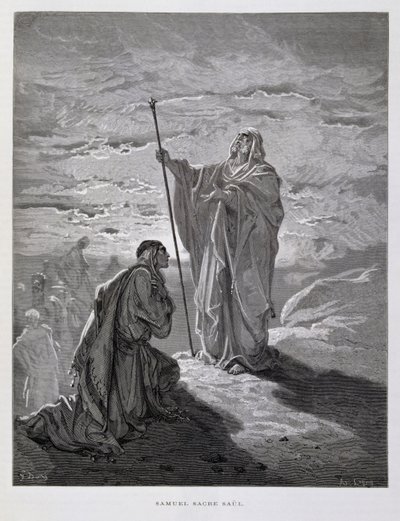 Samuel zalft Saul als eerste koning van Israël, Illustratie uit de Dore Bijbel door Gustave Dore