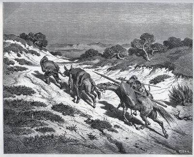 Sancho Panza, Don Quichot en hun rijdieren na hun nederlaag tegen de Yangers - uit 