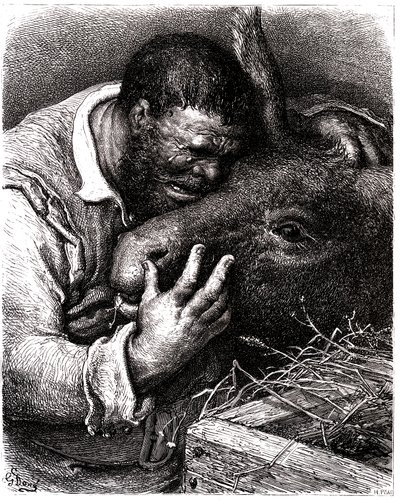Sancho Panza huilt terwijl hij zijn ezel kust door Gustave Dore
