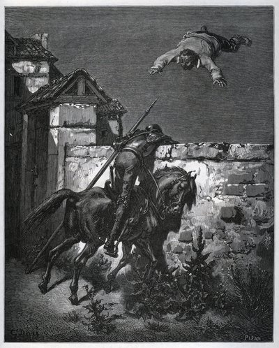 Sancho Panza wordt voor de gek gehouden, en Don Quichot kan niet ingrijpen - uit 