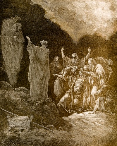 Saul en de medium/heks van Endor, door Doré - Bijbel door Gustave Dore