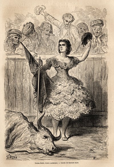 Scène van stierenvechten: de triomf van Teresa Bolsi, Andalusische torrera, groet de vergadering die hem toejuicht in Sevilla. Schets gemaakt door Gustave Doré. Gravure ter illustratie van de reis in Spanje, in 1862 door Charles Davillier door Gustave Dore
