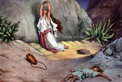 Set van bijbelse educatieve ansichtkaarten uit de jaren 50, gemaakt naar Schone Kunsten: hier na "Hagar en Ismael in de woestijn" door Gustave Doré door Gustave Dore