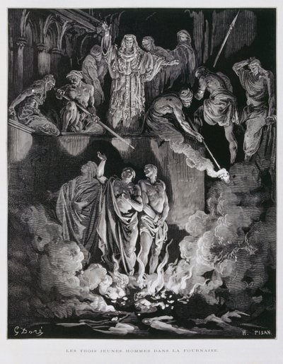 Sadrach, Mesach en Abednego in de vurige oven, Illustratie uit de Dore Bijbel door Gustave Dore
