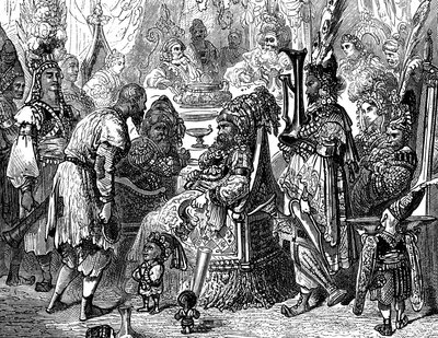 Sindbad de zeeman - verhaal van de duizend-en-een-nachten - illustratie door Gustave Doré (detail) - Maxwell editie 1865 - Proloog: een arme drager (Hinbad) presenteert zich aan Sindbad, die oud en rijk is geworden. De laatste zal hem vertellen door Gustave Dore