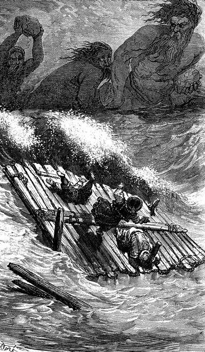 Sindbad de zeeman - verhaal van de duizend en één (1001) nachten - illustratie door Gustave Doré - Maxwell editie 1865 - Derde reis: Sindbad en zijn metgezellen, die aan boord van een vlot de zee op gingen, worden achtervolgd door reuzen die enorme stenen  door Gustave Dore