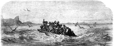 Sindbad de zeeman (Sinbad) - verhaal van de duizend en één (1001) nachten - illustratie door Gustave Dore - editie Maxwell 1865 - Derde reis: Sindbad en zijn metgezellen varen op een vlot door Gustave Dore