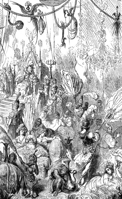 Sindbad de zeeman - verhaal van de duizend-en-een-nacht - illustratie door Gustave Doré - Maxwell editie 1865 - Zesde reis - deze gravure kan het hof van de koning van Serendib of dat van de kalief Haroun al-Rashid voorstellen door Gustave Dore