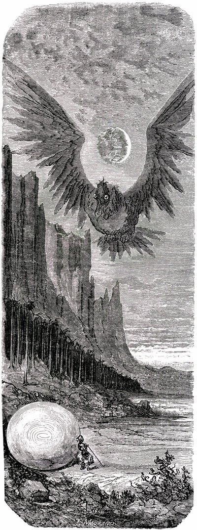 Sindbad de zeeman - verhaal van de duizend-en-een-nachten - illustratie door Gustave Doré - editie Maxwell 1865 - Tweede reis: Sindbad ontdekt een enorm ei van de gigantische vogel Roc en wordt aangevallen door deze gigantische vogel. door Gustave Dore