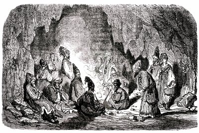 Sindbad de zeeman - verhaal van de duizend-en-een-nachten - illustratie door Gustave Doré - Maxwell editie 1865 - Eerste reis: Sindbad, verlaten in het midden van de zee door zijn metgezellen, bereikt een eiland en ontmoet in een grot de palefrenie. door Gustave Dore