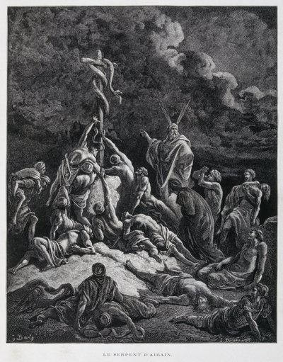 Dus maakte Mozes een bronzen slang en zette die op een paal. Numeri 21:7, Illustratie uit de Dore Bijbel door Gustave Dore