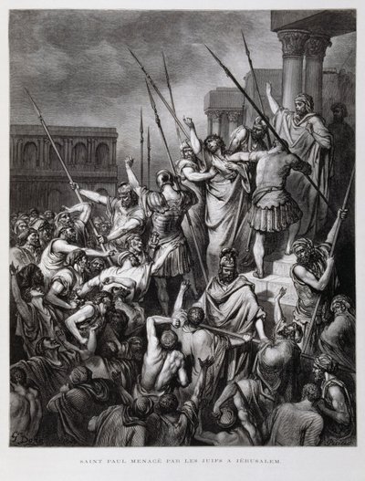 St. Paulus aangevallen door de Joden van Jeruzalem, Illustratie uit de Dore Bijbel door Gustave Dore