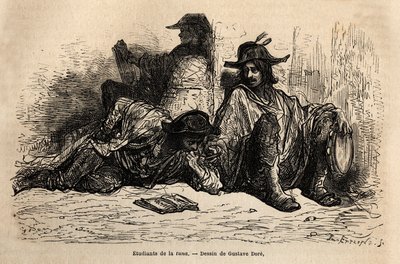 Studenten van tonijn (of tunantes) in de wijk van de Universiteit van Alcala de Henares, de eigenaardigheid van deze studenten die een luie, vrije en zwervende levensstijl hebben aangenomen is niet te studeren, schets op het leven door Gustave Dore. Gravur door Gustave Dore