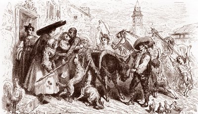 De gehavende Quichot komt thuis Gravure door Gustave Dore voor 