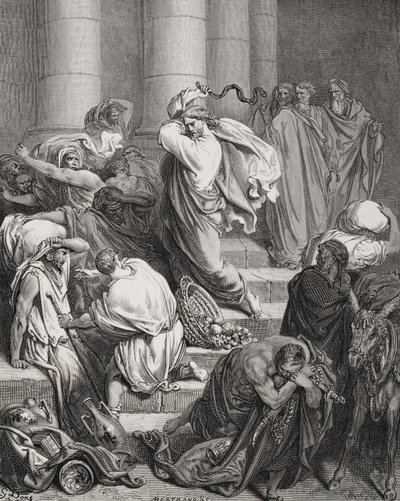 De Kopers en Verkopers uit de Tempel Verdreven, Lucas 19:45-46, illustratie uit Doré