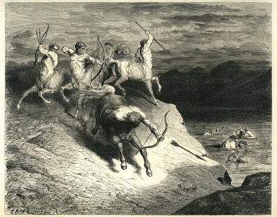 De Centauren schieten pijlen op verdoemden die uit de Styx-moerassen komen. Gravure uit De Hel door Dante Alighieri (de Goddelijke Komedie) geïllustreerd door Gustave Doré. Franse editie van 1861. Noi ci appressammo a quel trotse snelle. (We naderen deze door Gustave Dore