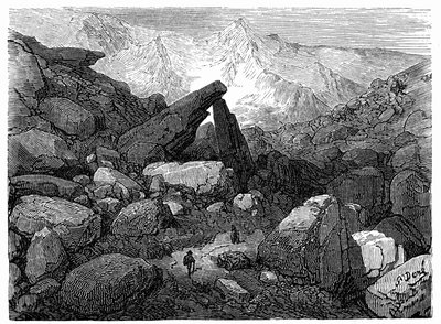 Het Chaospad, leidend naar de Cirque de Gavarnie: gravure door Gustave Dore ter illustratie van het boek "Reis naar de Pyreneeën van Hippolyte Taine", Hachette 1860 door Gustave Dore