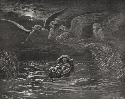 Het Kind Mozes op de Nijl, Exodus 2:1-4, illustratie uit Dore