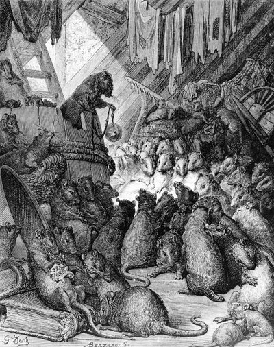 De Raad van de Ratten, uit de Fabels van La Fontaine, gegraveerd door Antoine Valerie Bertrand (geb. 1823) ca. 1868 door Gustave Dore