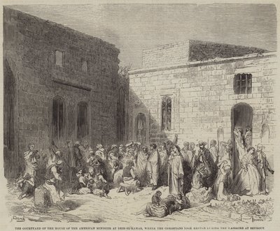 De Binnenplaats van het Huis van de Amerikaanse Minister in Deir-el-Kamar, waar de Christenen zich bevonden door Gustave Dore