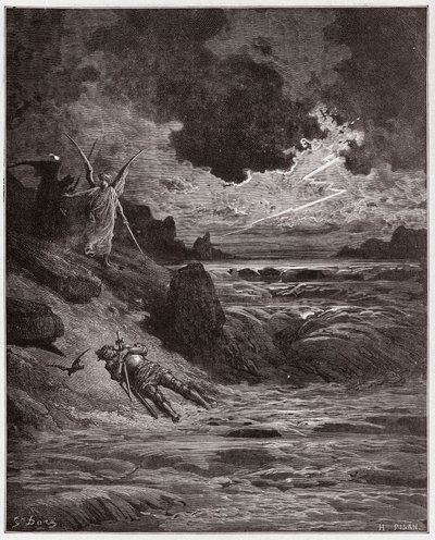 De Goddelijke Komedie, Purgatorio, Canto 5: Het lichaam van Buonconte da Montefeltro in de Arno - door Dante Alighieri (1265-1321) - Illustratie door Gustave Doré (1832-1883) door Gustave Dore