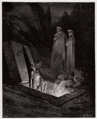 De Goddelijke Komedie (La Divina Commedia), Inferno, Canto 10: Farinata degli Uberti spreekt Dante aan - door Dante Alighieri (1265-1321) - Illustratie door Gustave Doré (1832-1883) door Gustave Dore
