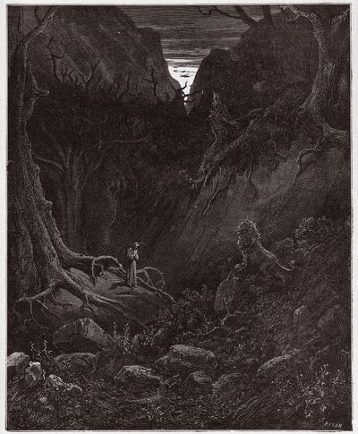 De Goddelijke Komedie (La Divina Commedia), Inferno, Canto 1: De leeuw confronteert Dante plotseling - door Dante Alighieri (1265-1321) - Illustratie door Gustave Doré (1832-1883) door Gustave Dore