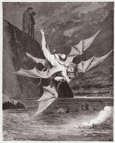 De Goddelijke Komedie, Inferno, Canto 22: Alichino en Calcabrina worstelen boven de pek - door Dante Alighieri (1265-1321) - Illustratie door Gustave Dore (1832-1883) door Gustave Dore