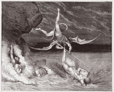 De Goddelijke Komedie, Inferno, Canto 22: Ciampolo ontsnapt aan de demon Alichino in de vijfde bolgia - door Dante Alighieri (1265-1321) - Illustratie door Gustave Dore (1832-1883) door Gustave Dore