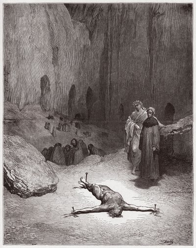 Inferno, Canto 23: Een gekruisigde Farizeeër onder de hypocrieten (Illustratie door Gustave Doré) door Gustave Dore