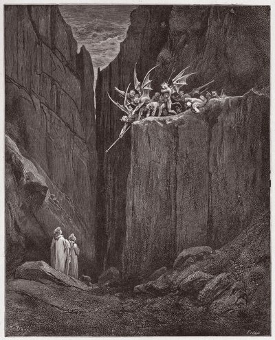Inferno, Canto 23: De dichters ontsnappen aan de demonen van de vijfde bolgia (Illustratie door Gustave Doré) door Gustave Dore