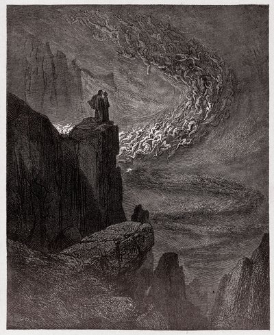 De Goddelijke Komedie, Inferno, Canto 5: Minos beoordeelt de overtredingen en stuurt de zielen - door Dante Alighieri (1265-1321) - Illustratie door Gustave Doré (1832-1883) door Gustave Dore