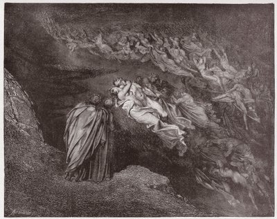 De Goddelijke Komedie (La Divina Commedia, La Divine Comedie), Inferno, Canto 5: De ziel van Francesca spreekt tot Dante - door Dante Alighieri (1265-1321) - Illustratie door Gustave Doré (1832-1883) door Gustave Dore