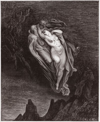 De Goddelijke Komedie (La Divina Commedia, La Divine Comedie), Inferno, Canto 5: De zielen van Paolo en Francesca - door Dante Alighieri (1265-1321) - Illustratie door Gustave Doré (1832-1883) door Gustave Dore