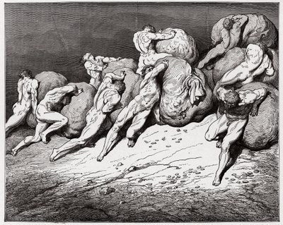 Inferno, Canto 7: De zielen van de gierigen en de verkwisters gedwongen zware stenen te rollen (Illustratie door Gustave Doré) door Gustave Dore