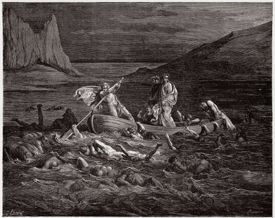 Inferno, Canto 8: Phlegyas brengt Dante en Virgil over de Styx (Illustratie door Gustave Doré) door Gustave Dore