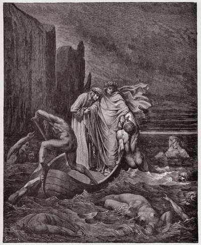 De Goddelijke Komedie, Inferno, Canto 8: De ziel van de Florentijn Philippo Argenti benadert de dichters op de Styx - door Dante Alighieri (1265-1321) - Illustratie door Gustave Dore (1832-1883) door Gustave Dore