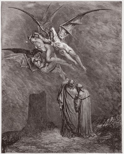 De Goddelijke Komedie, Inferno, Canto 9: De afschuwelijke Erinyes: Megaera, Tisphone, Alecto - door Dante Alighieri - Illustratie door Gustave Dore door Gustave Dore