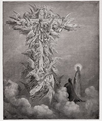 Paradiso, Canto 14: Dante en Beatrice zien de engelen met Christus aan het kruis (Illustratie door Gustave Doré) door Gustave Dore