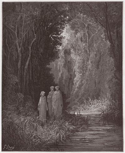 De Goddelijke Komedie (La Divina Commedia), Purgatorio, Canto 28: Dante, Virgil en Statius in het oude bos van het aardse paradijs - door Dante Alighieri (1265-1321) - Illustratie door Gustave Doré (1832-1883) door Gustave Dore