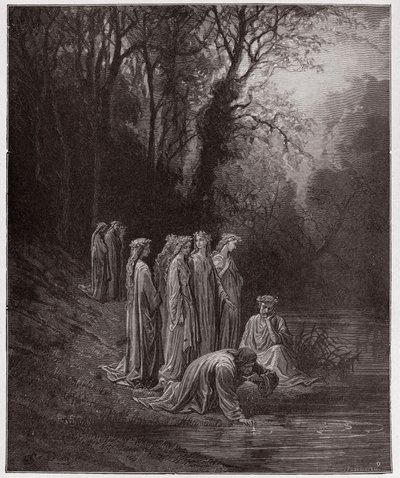 De Goddelijke Komedie, Purgatorio, Canto 33: Dante drinkt van de rivier Eunoe - door Dante Alighieri (1265-1321) - Illustratie door Gustave Dore (1832-1883) door Gustave Dore