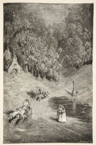 De Ontmoeting tussen Arthur en Pellinore, uit Verhalen van de Dagen van Koning Arthur door Charles Henry Hanson, pub.1898 door Gustave Dore