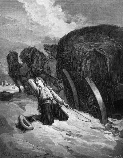 De "Fabels van Jean La Fontaine": de "chartier embourbé" (karreman vast in de modder), gravure door Paul Jonnard-Pacel naar Gustave Doré door Gustave Dore