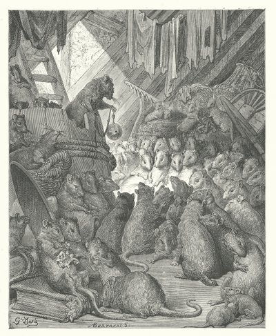 De Fabels van La Fontaine: De Raad gehouden door de Ratten (gravure) door Gustave Dore