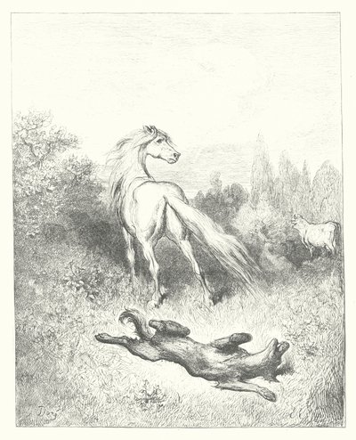 De fabels van La Fontaine: Het paard en de wolf (gravure) door Gustave Dore