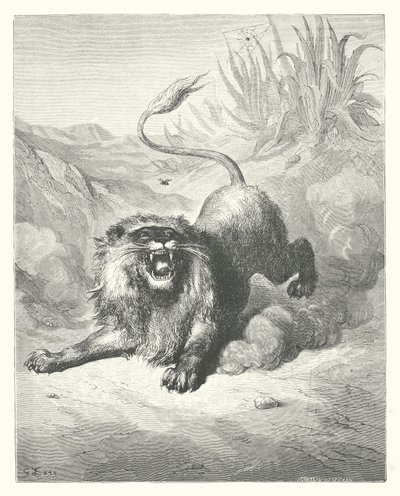 De Fabels van La Fontaine: De Leeuw en de Mug door Gustave Dore